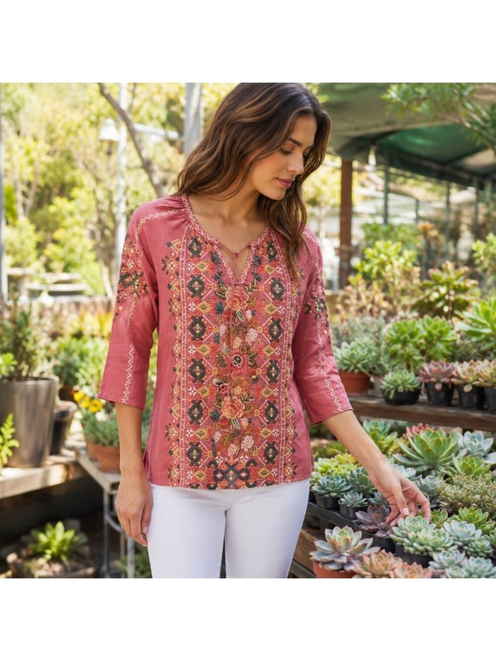 Johnny Was Chandra Linen Peasant Blouse Pink Embroidered Women Long Sleeve XS